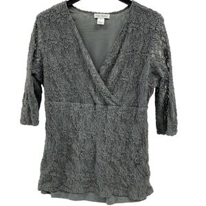 Ulla Popken 3/4 Sleeve Top plus size 20/22 gray lace surplice shaped fit lined